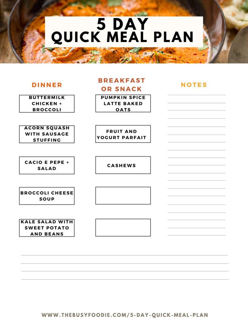 An image with a 5 day easy and quick meal plan written on it and space for notes. 