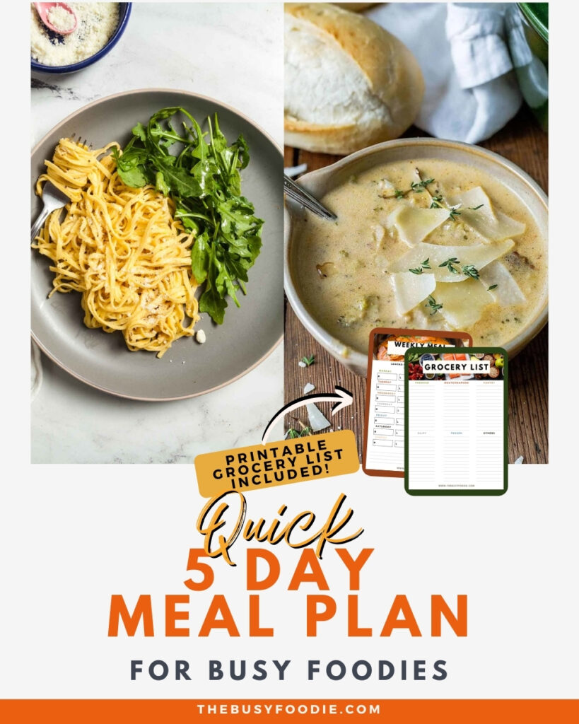 Save your time in the kitchen with this quick meal plan! This easy 5-day meal plan with a grocery list is perfect for when you're short on time and want to get dinner done without sacrificing flavor. You'll find this free, printable document below!