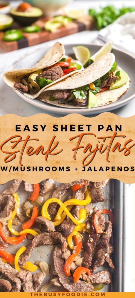Make these delicious sheet pan steak fajitas and let your oven do the work tonight! These fajitas get bulked up with mushrooms and two kinds of bell peppers while jalapenos add a little (totally optional) spice. Say hello to your new favorite dinner, ready in under 30 minutes!