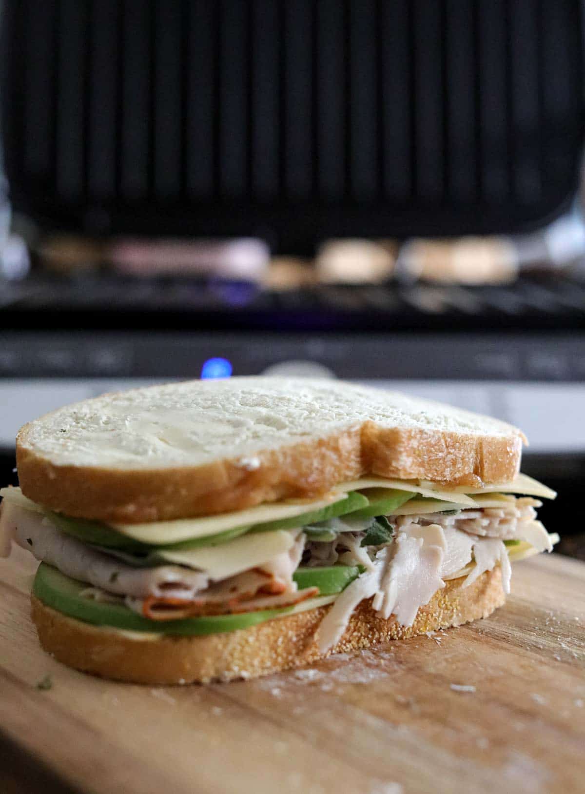 A turkey and apple panini, ready to be pressed.