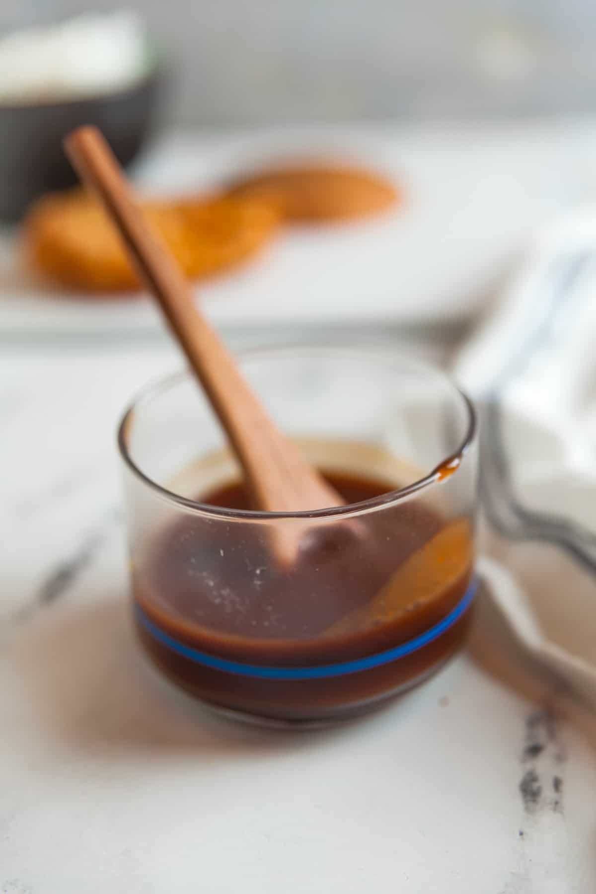 A small dish of homemade katsu sauce.