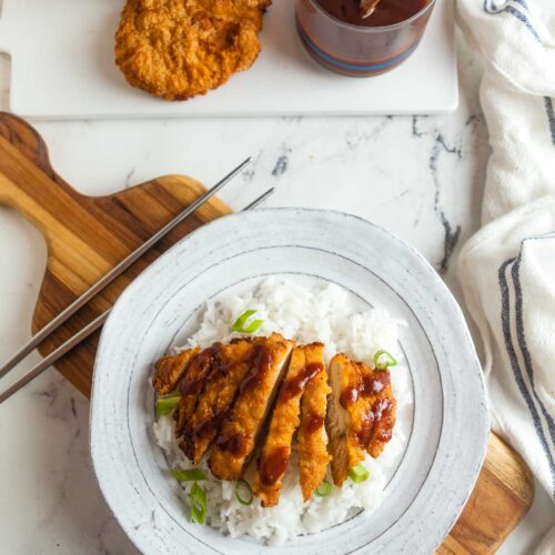 Air fried chicken katsu plated over rice.