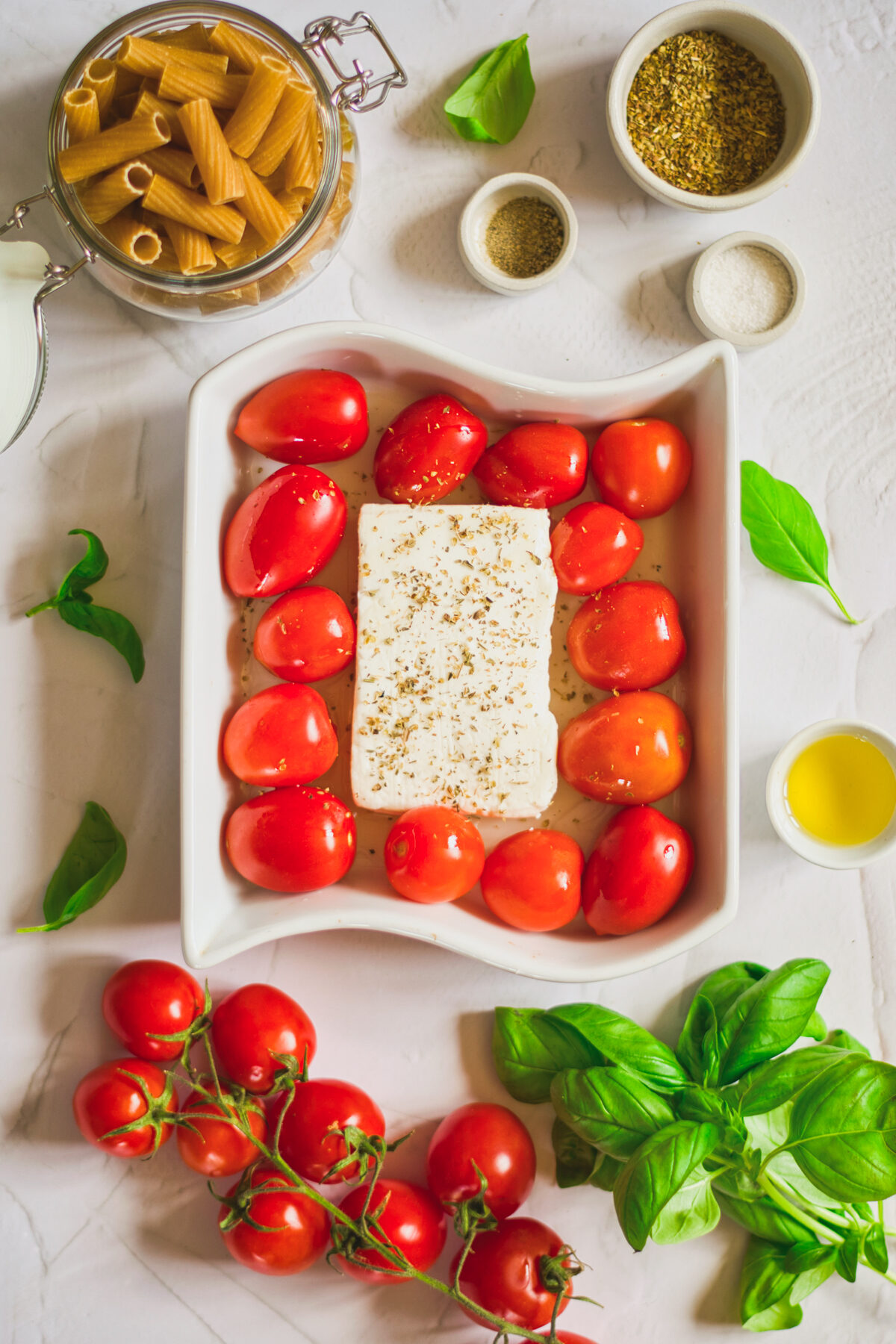 Feta pasta sauce, ready to go into the oven.