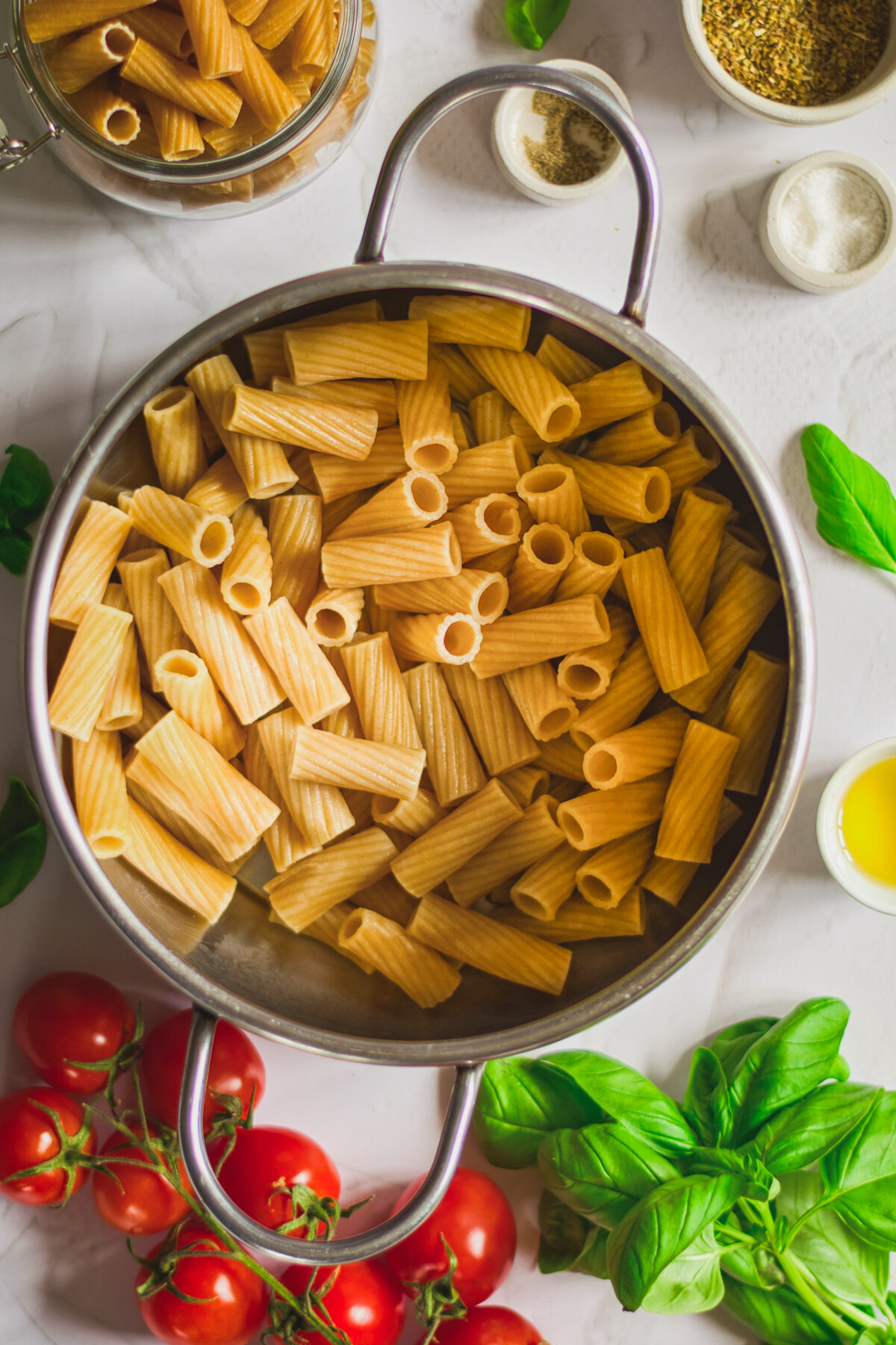 A pot of cooked pasta. 