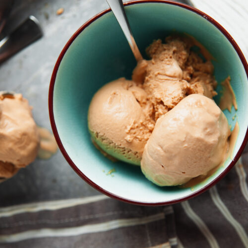 Overhead view of a bowl of homemade coffee ice cream.