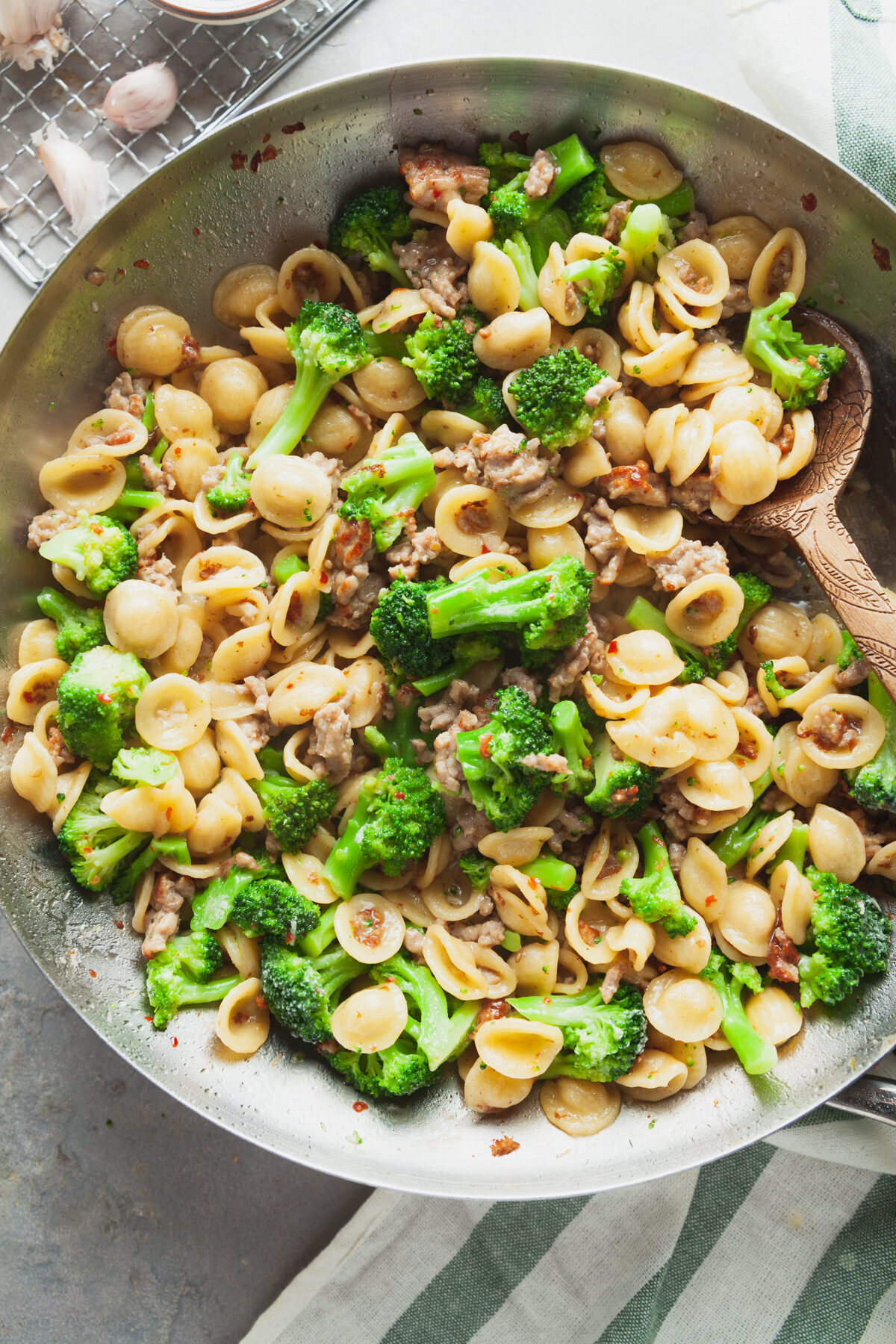 Sausage and Broccoli Orecchiette in a pan.