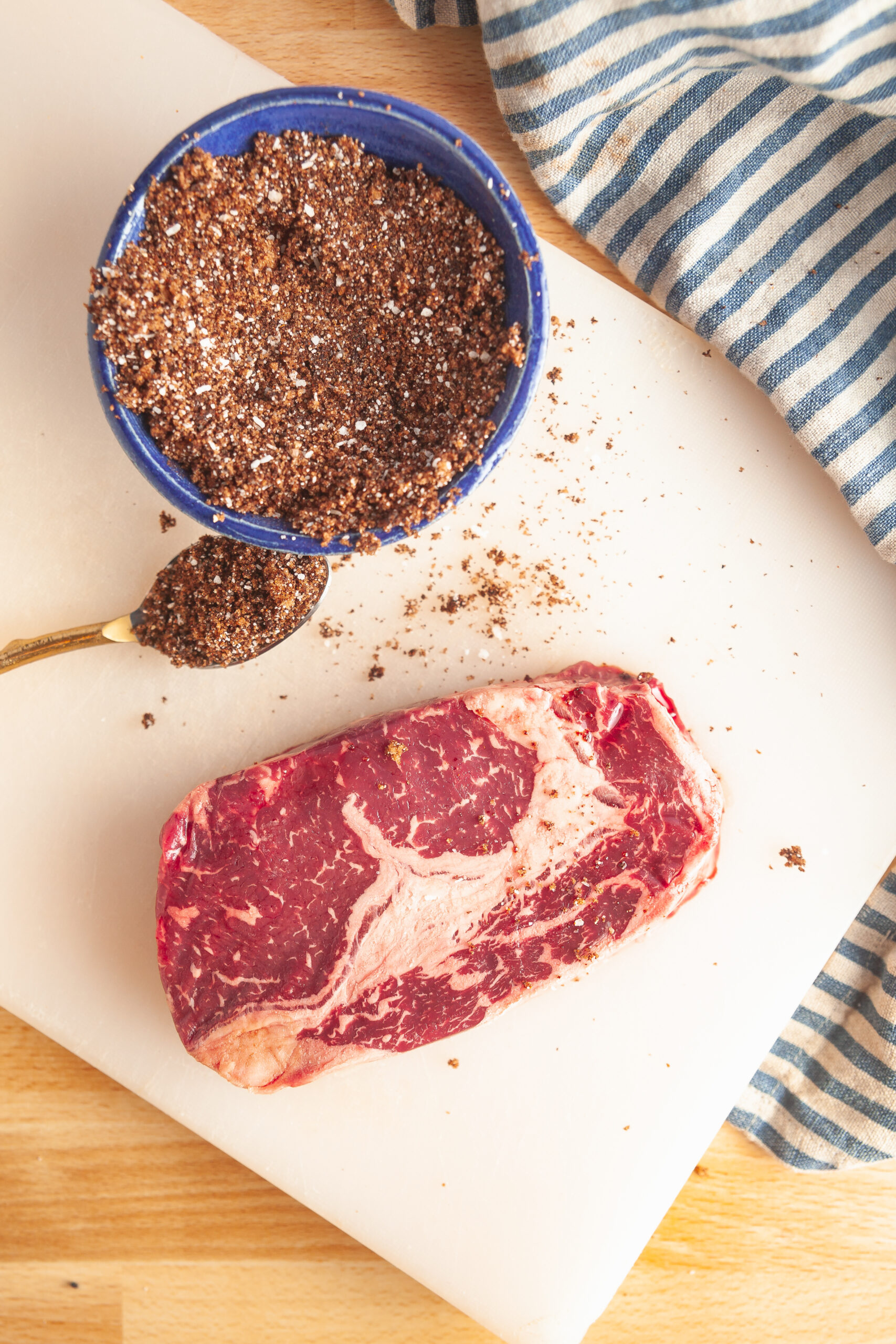 Coffee rub for steak and a boneless ribeye.