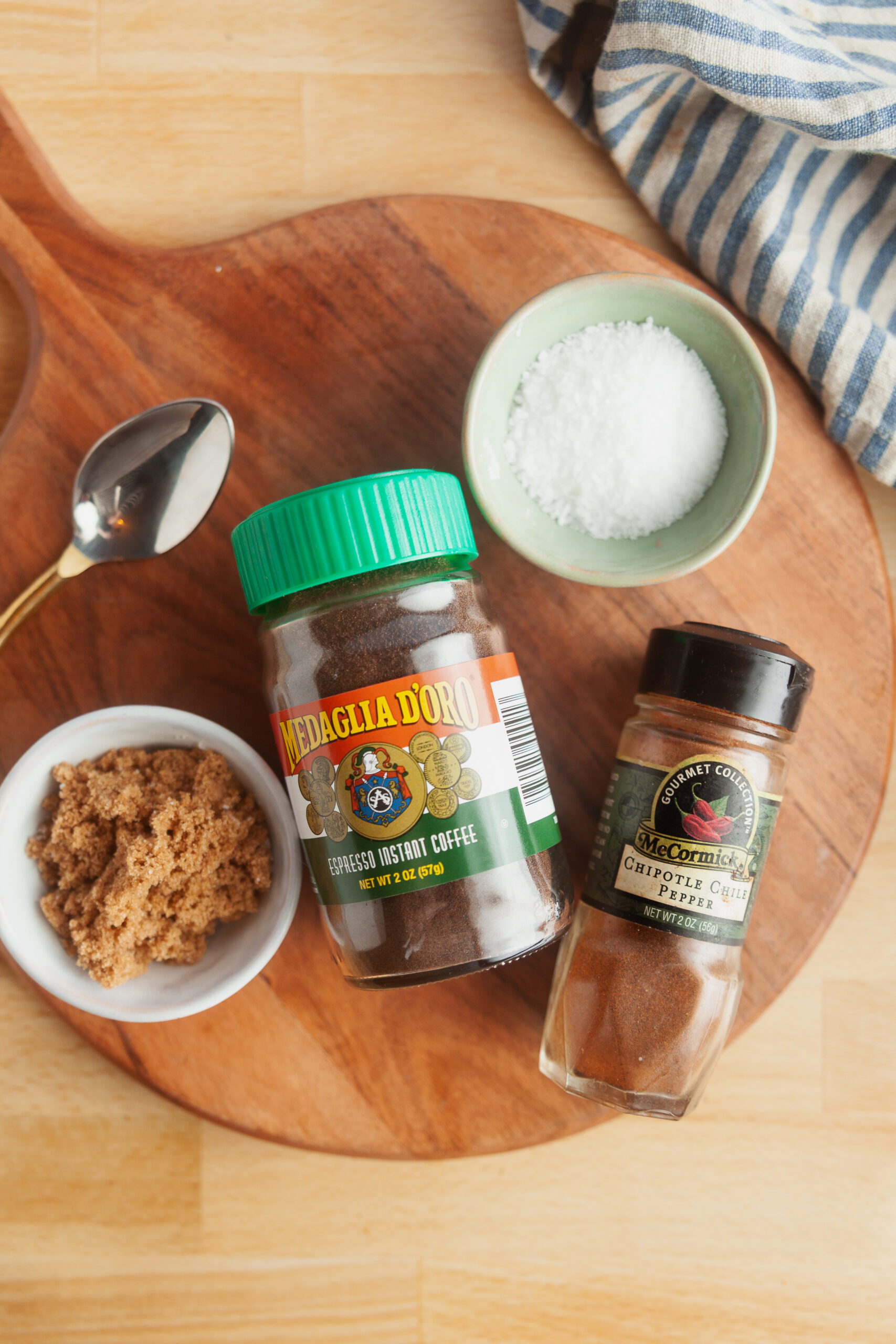 A flat lay image of ingredients needed to make espresso rub for steak.