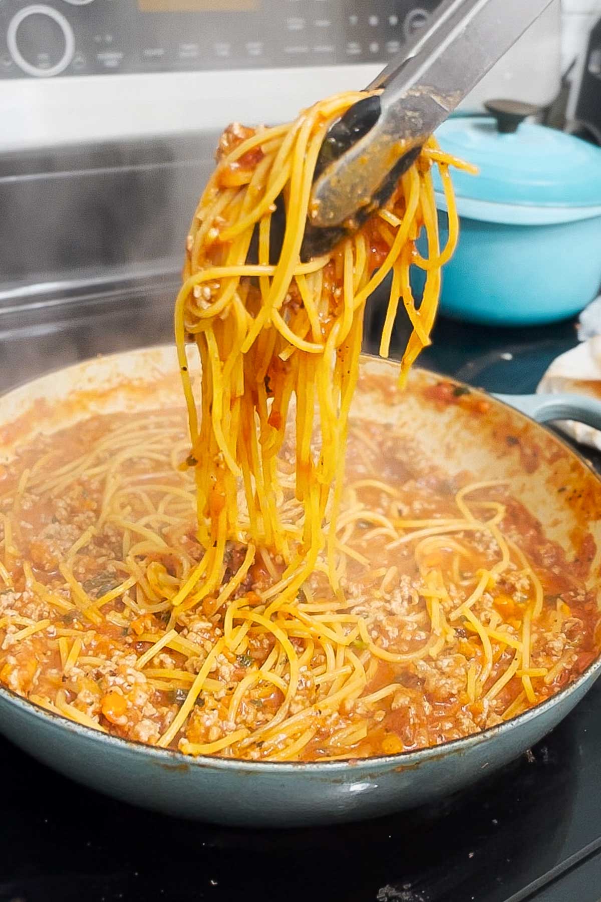 Step by step photo of making one pot spaghetti