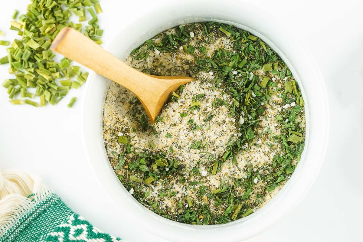 landscape view of ranch seasoning in a bowl. 