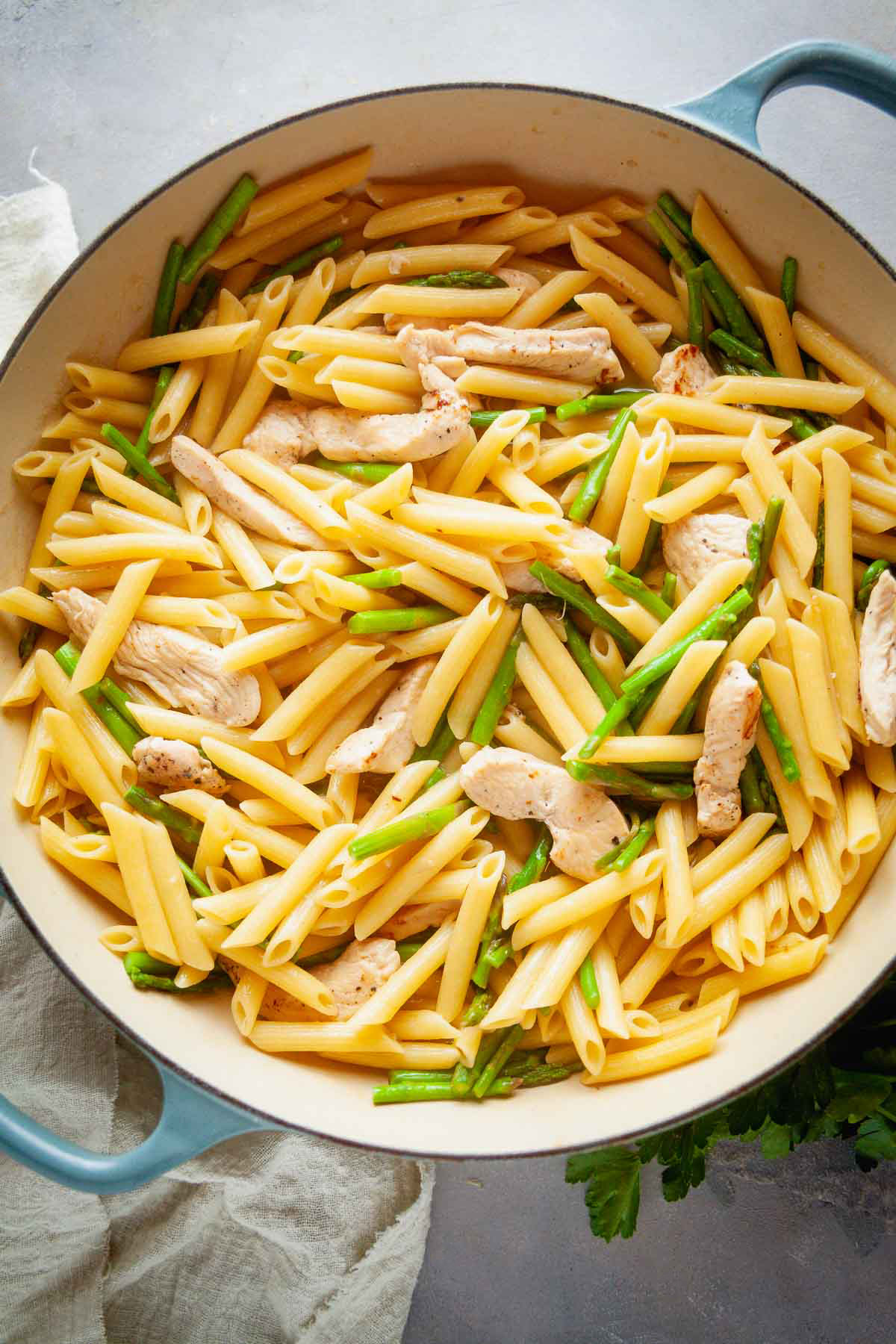 Overhead view of the pasta in a pot. 