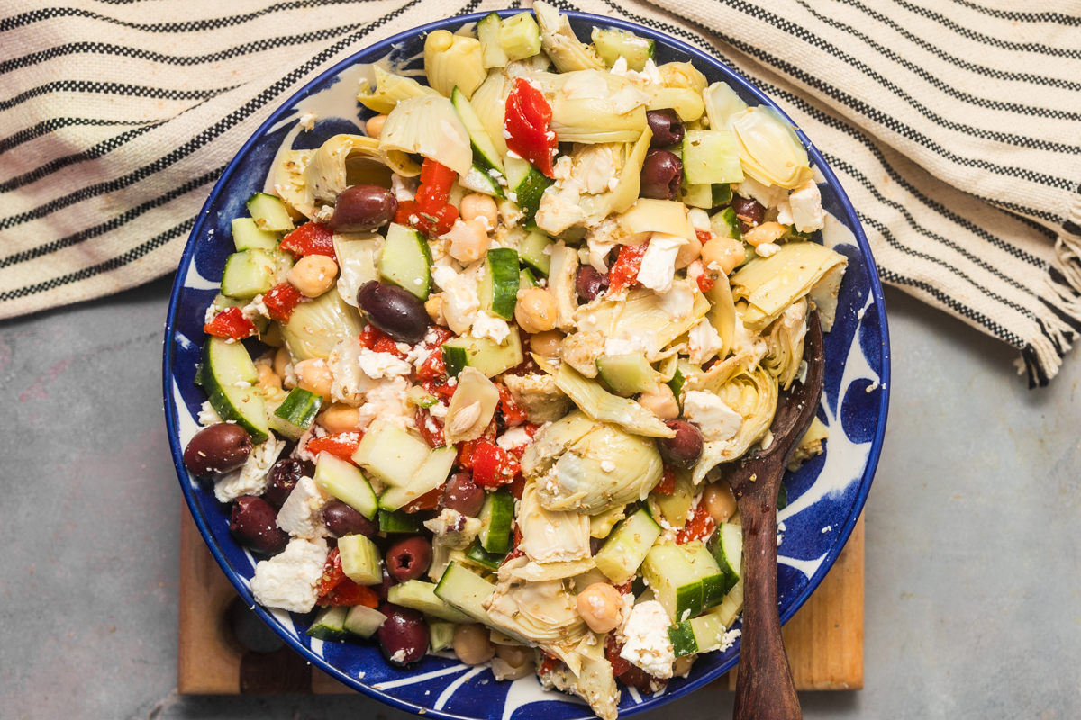 Landscape image of artichoke and chickpea salad from TheBusyFoodie.com. 