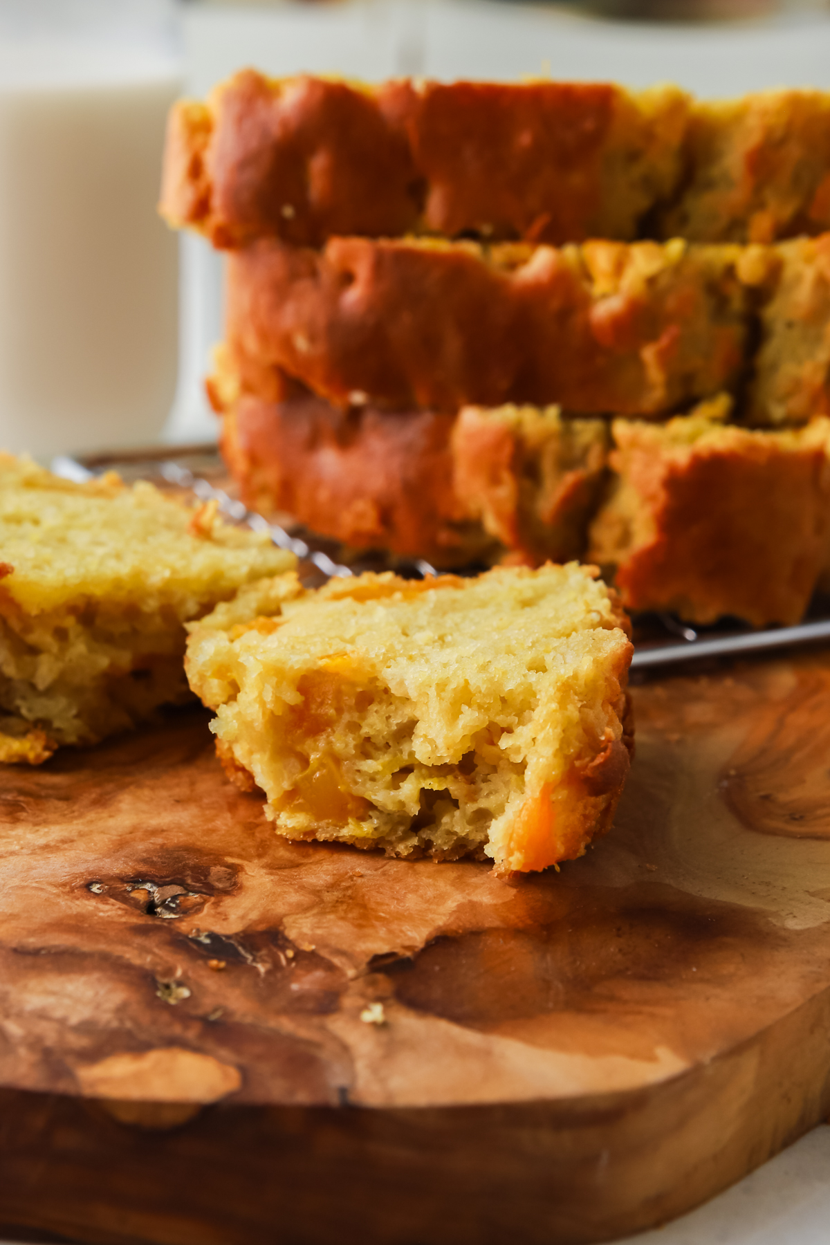 A stacked of sliced mango bread. 