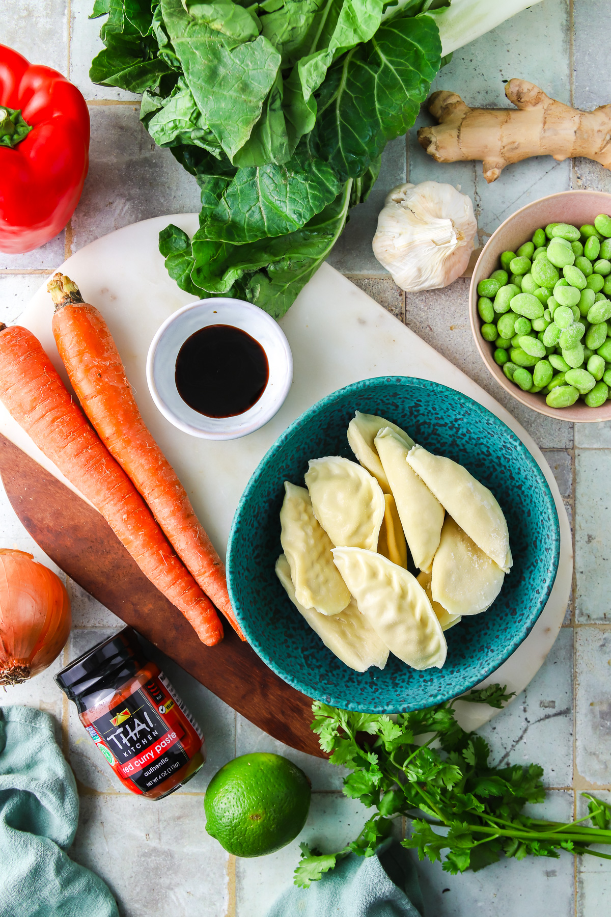 A flat lay of ingredients needed to make coconut curry soup with potstickers. 